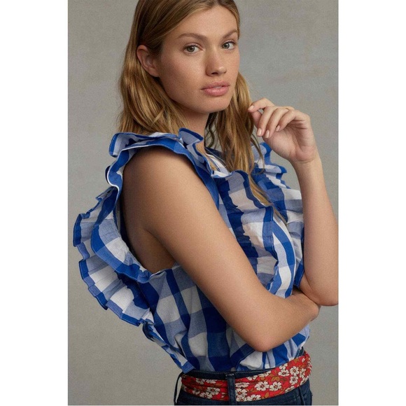 ANTHROPOLOGIE NWT WHIT Blue & White Gingham Checkered Plaid Ruffle Top XS - Picture 15 of 15